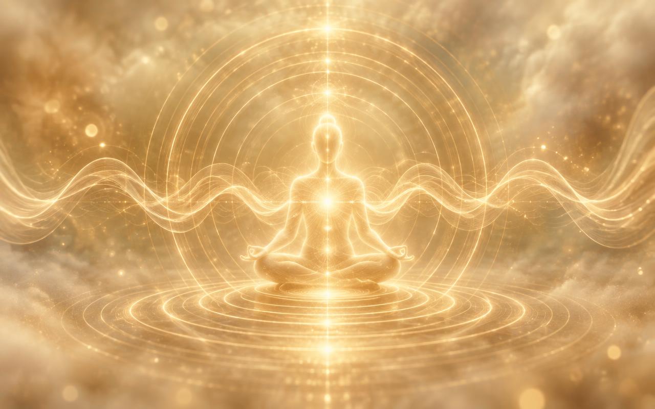 A glowing seated figure of light with golden frequency waves radiating around it