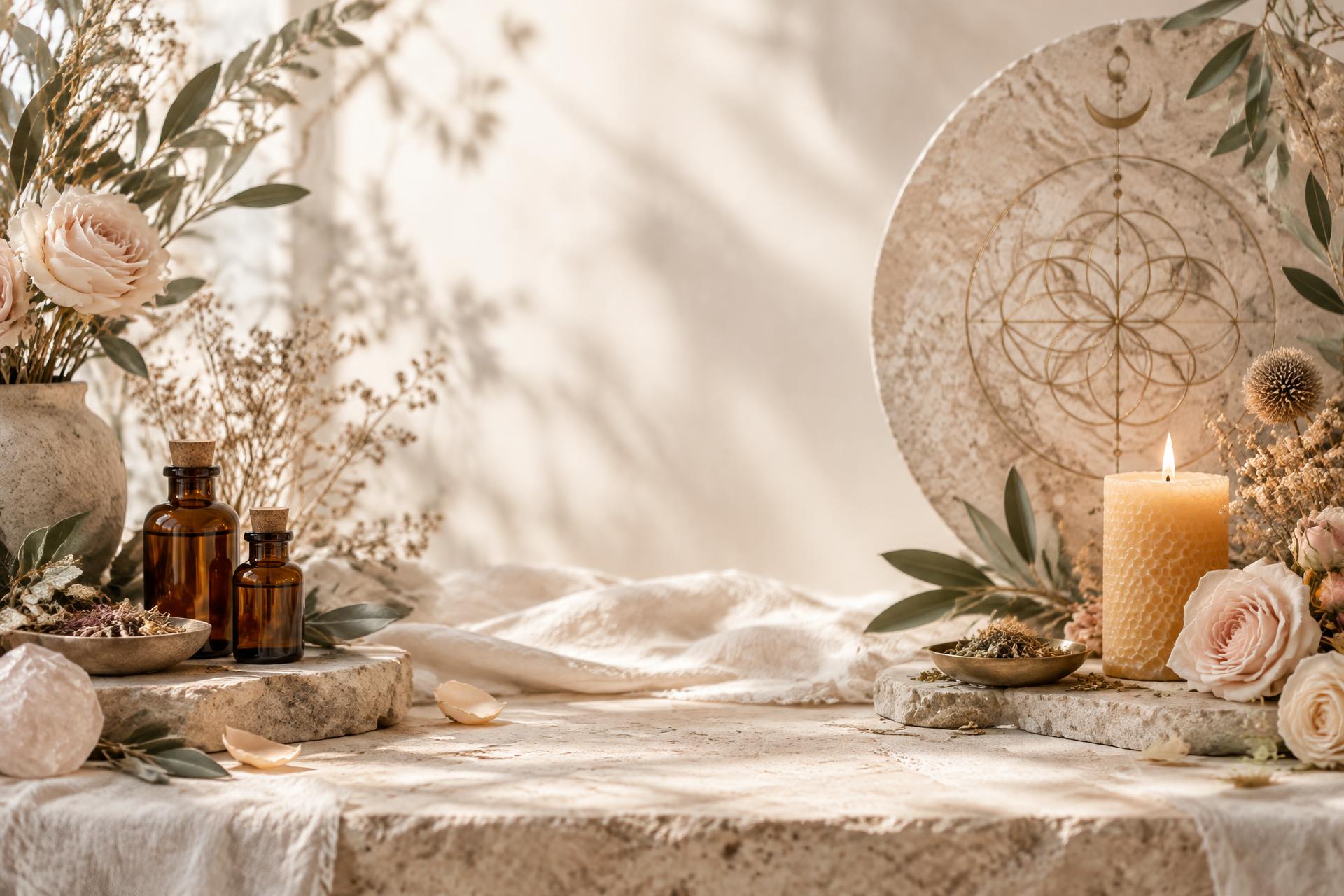 Cream roses, amber oil bottles, botanicals and a candle on a sunlit stone altar