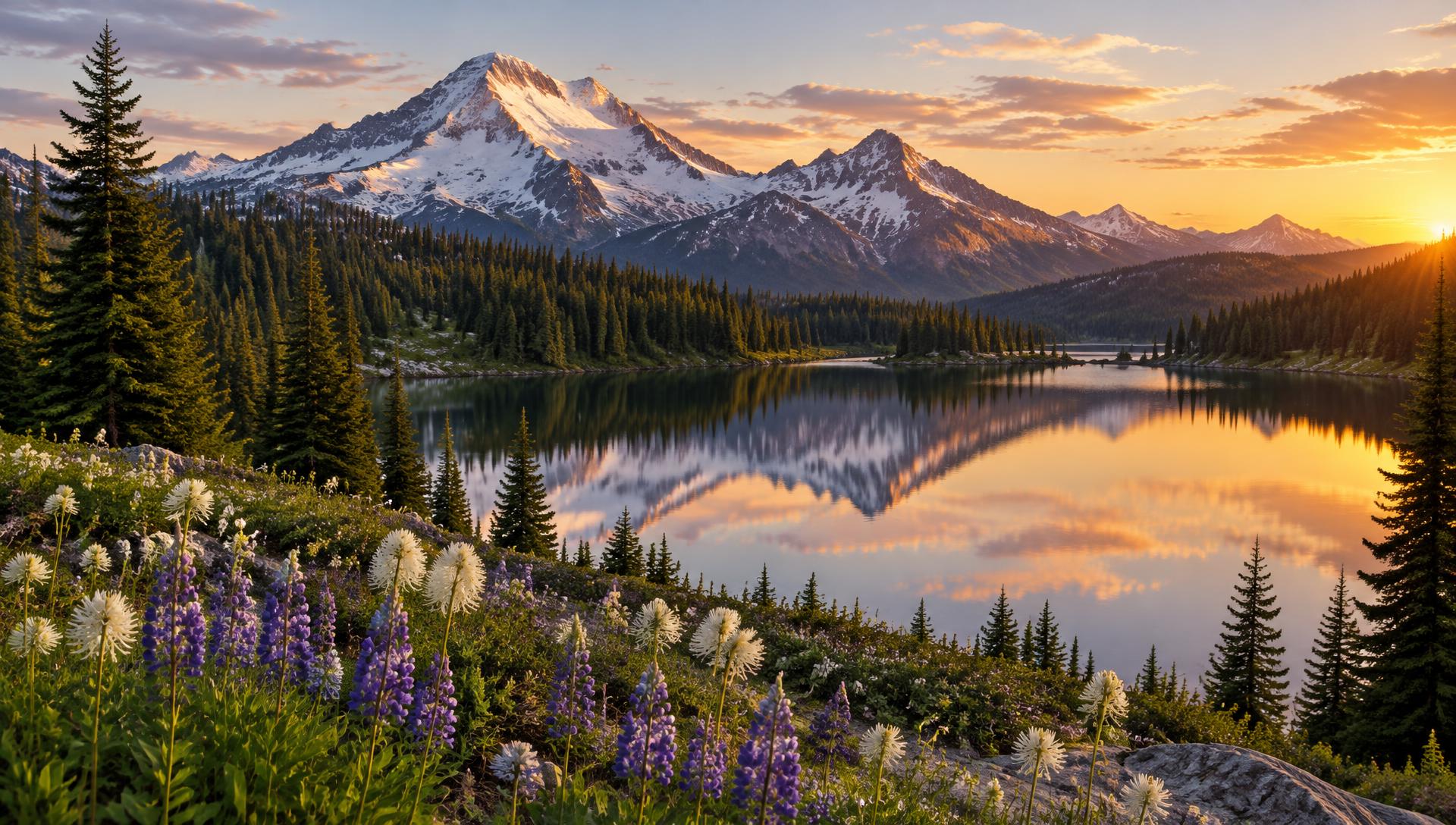 Pacific Northwest landscape with snow-capped mountains, evergreen forest, a calm lake and wildflowers